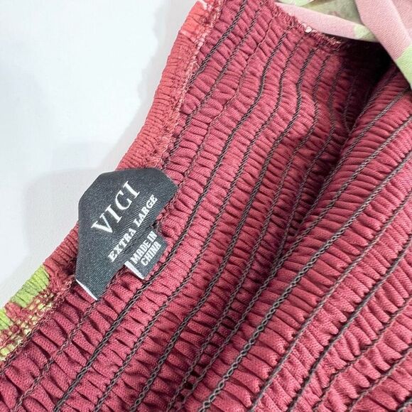 Vici Midi Dress Women XL Burgundy Floral Smocked Square Neck Belted Waist Tiered - Picture 5 of 12